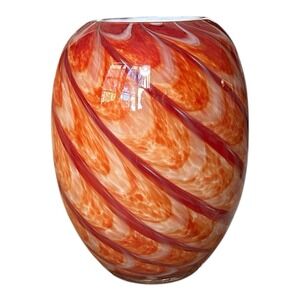 Murano Style Glass Art Vase Hand-Blown Red / Orange Cane Swirl On White 8" Oval